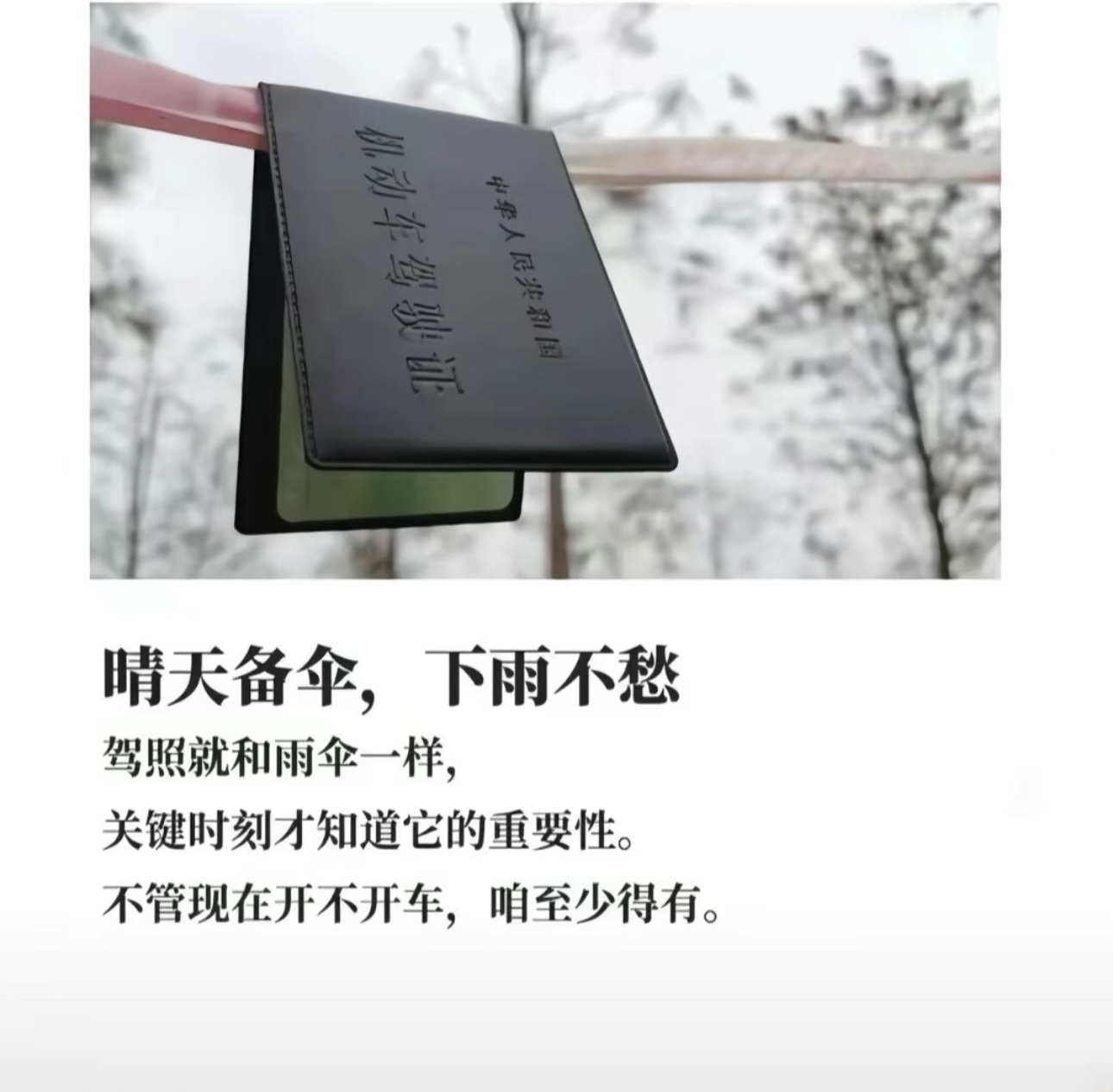 晴天备伞，下雨不愁 驾照就和雨伞一样， 
