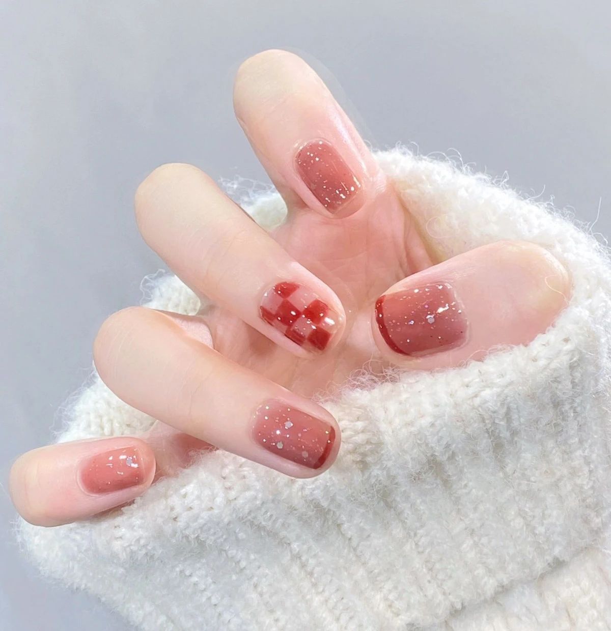 少女感红糖碎钻美甲💗 淡淡的果酱色🍒温温