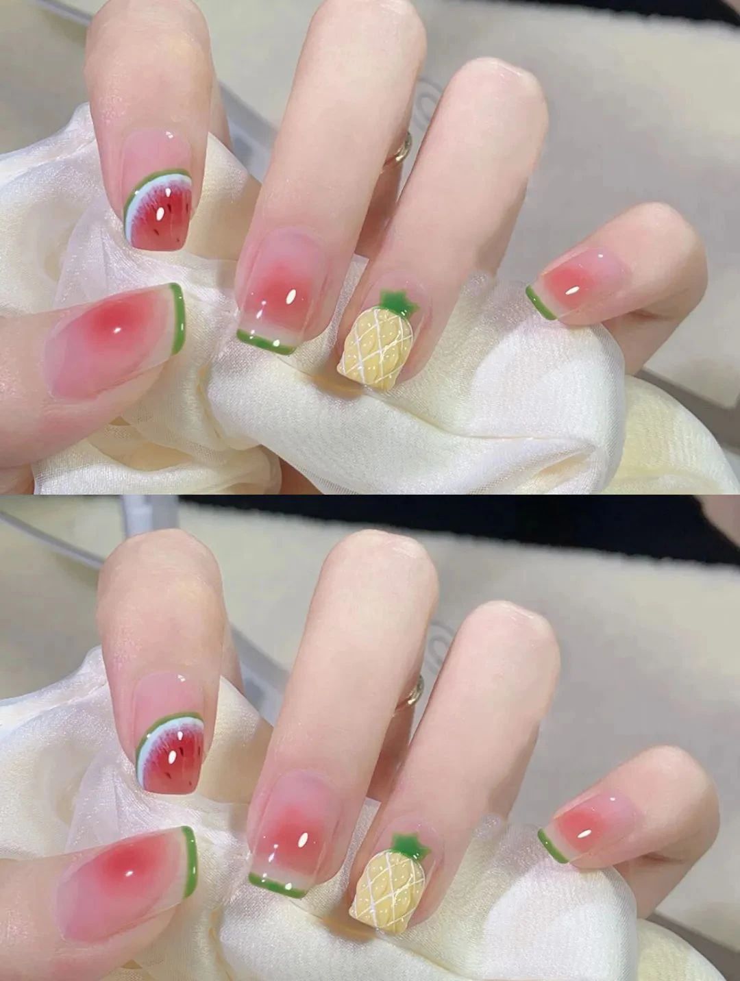 凤梨派对美甲💅 夏日水果派对 冰透感法式