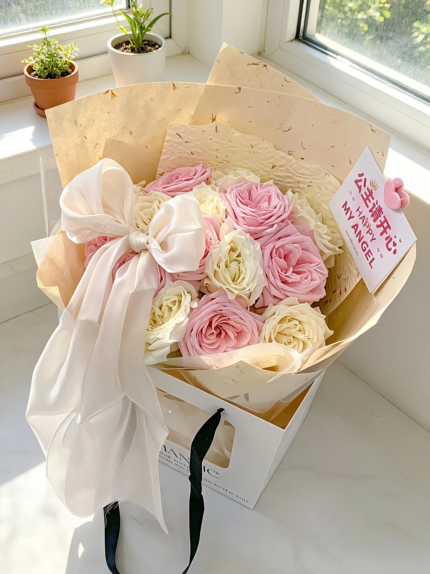 粉玫瑰白玫瑰混搭花束 松弛一点🌸 生活不 配图3
