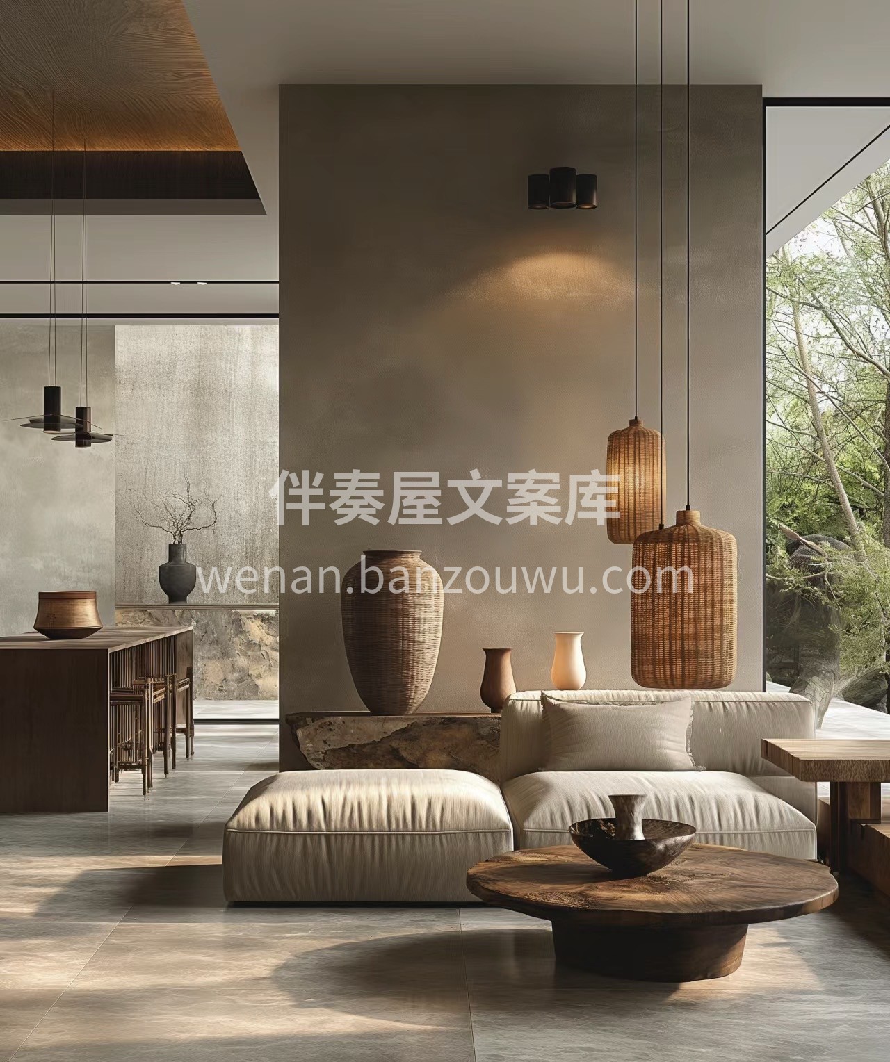 家居设计采用简约侘寂风，注重自然与和谐。 配图1