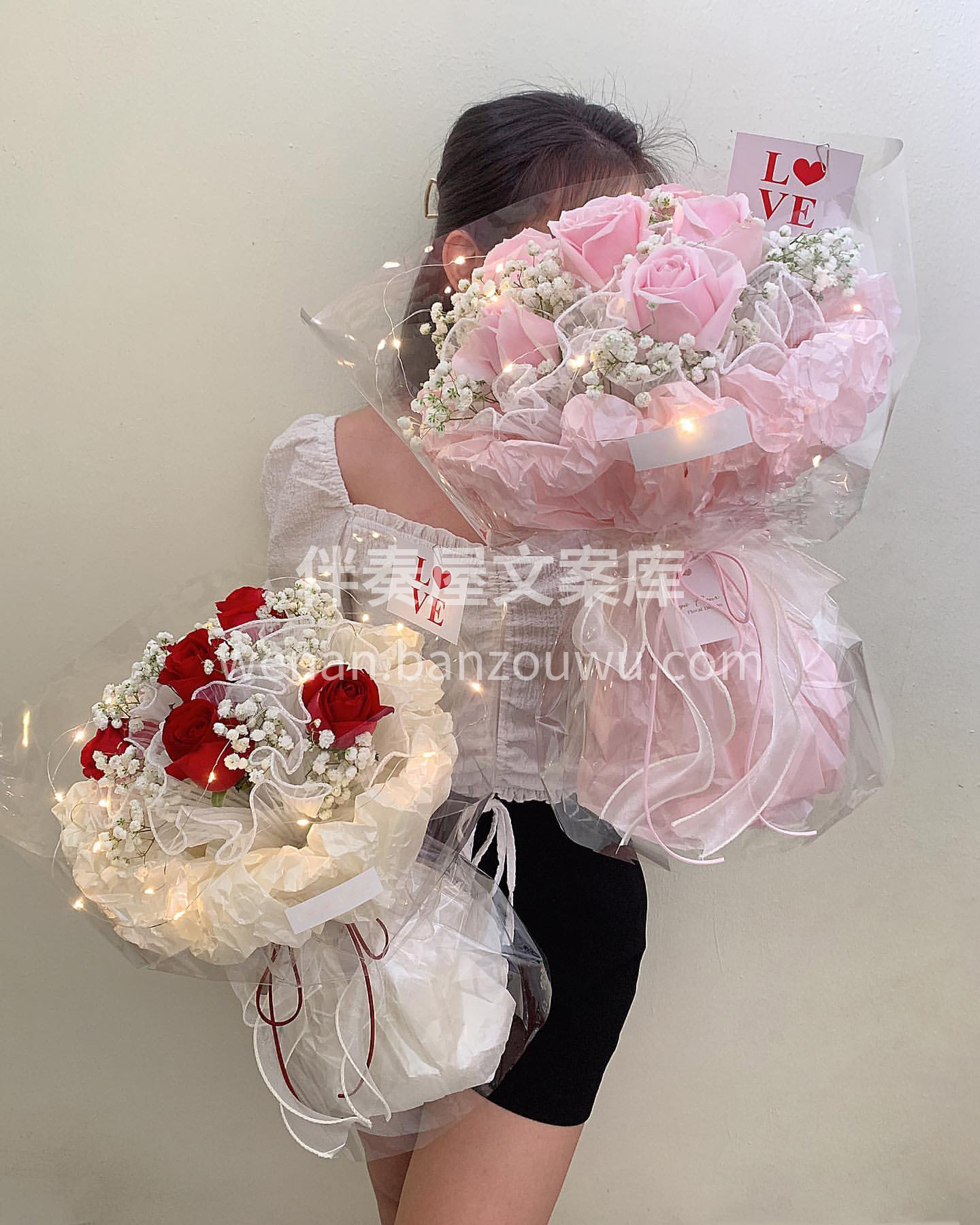 玫瑰满天星花束 白色满天星搭配红玫瑰和粉 配图3
