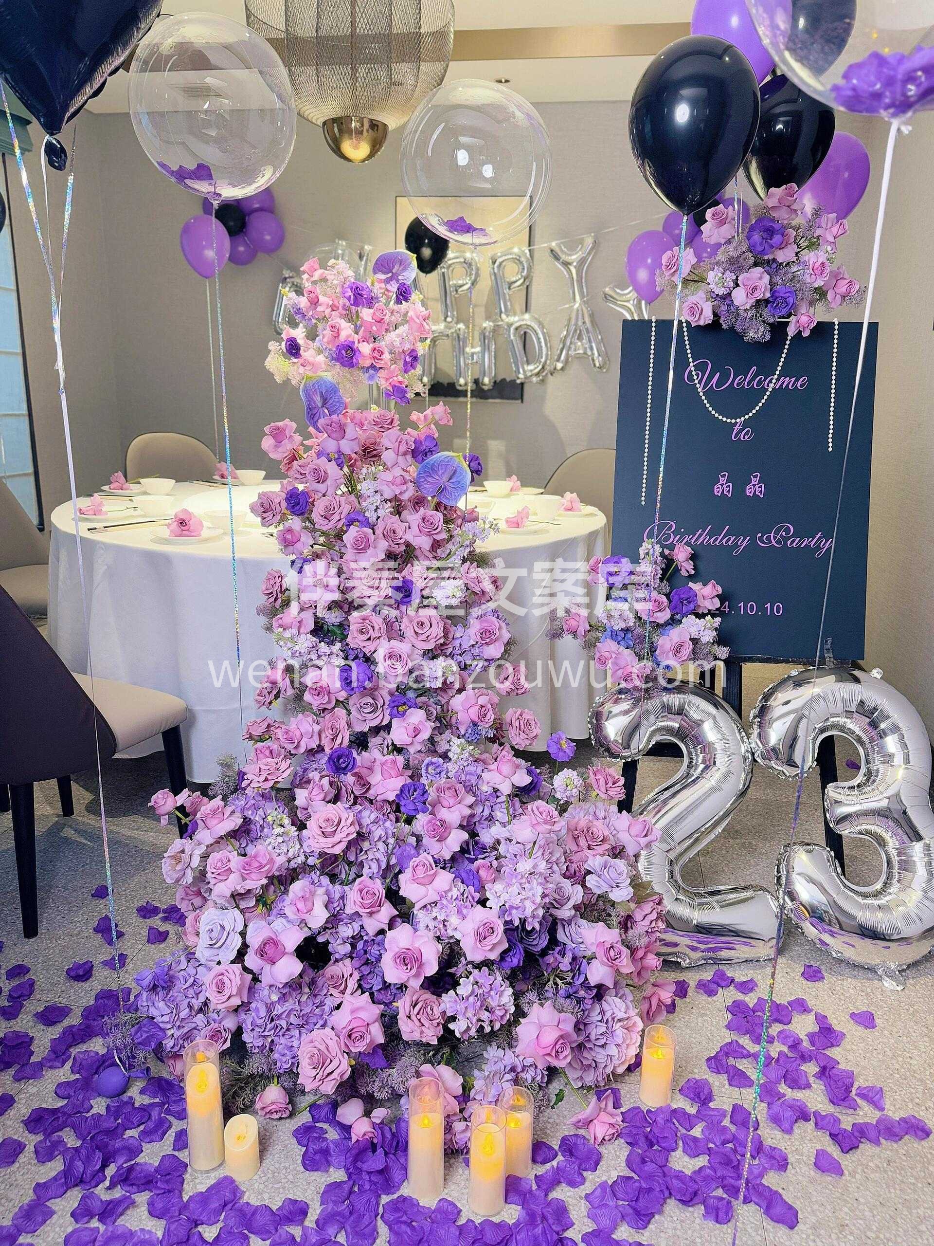 🌸瀑布桌花生日派对布置 紫色真的氛围感拉满了💜 每一岁🎂都无 配图1
